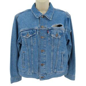 Levis Womens Medium Ex Boyfriend Trucker Jacket Blue Denim Jean Distressed NEW